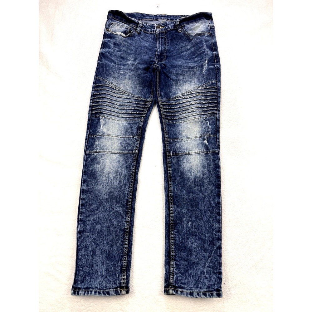 Southpole Jeans Men 34x32 Blue Acid Skinny Moto Biker Ribbed Whisker Y2K